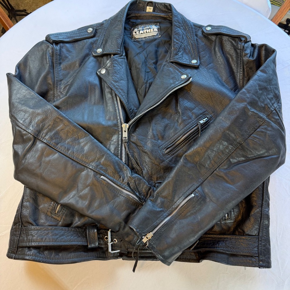 Vtg Pro Sports Leather Biker Jacket Mens 50 Black Cafe Racer Brando Belted USA